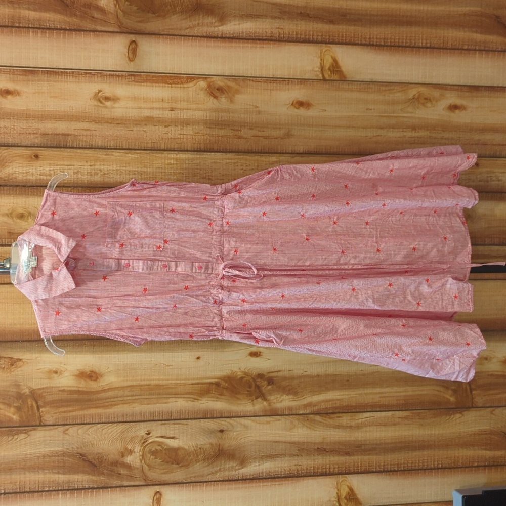 Modcloth Molly Bracken Red White Pinstripe Shirt Dress Embroidery Stars